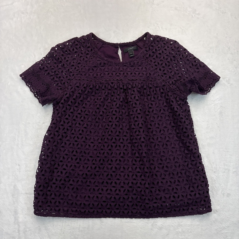 J.Crew Plum Eyelet Lace Blouse Womens 8 Boho Cottagecore Top Lined